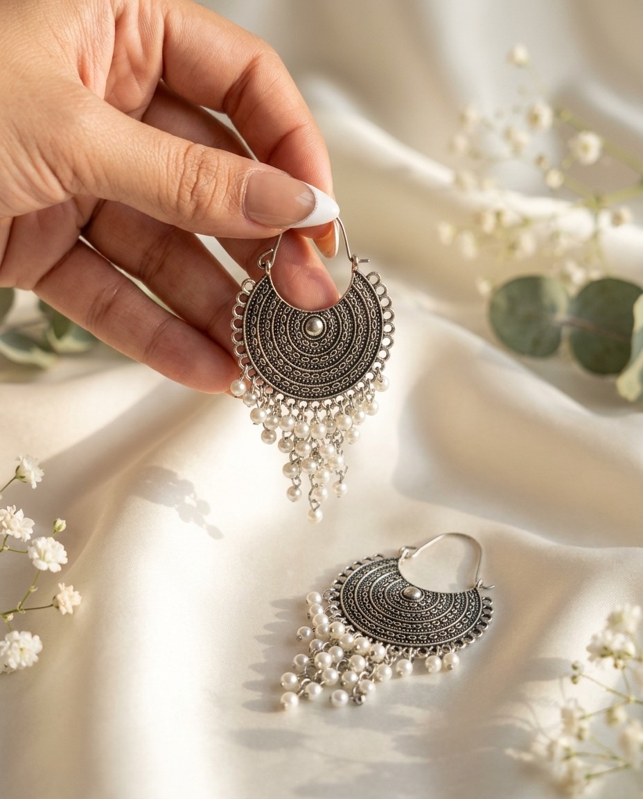 Oxidized Silver Pearl Jhumka Earrings